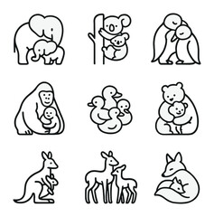Obraz premium Animal Family Icons. Outline icon set of animal family hugs: elephant mother and calf, koala hugging tree, penguin parents,