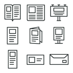 Ad Mockup Icon Set. Outline icon set of print advertisement mockups: magazine page, newspaper spread, billboard, flyer, brochure,