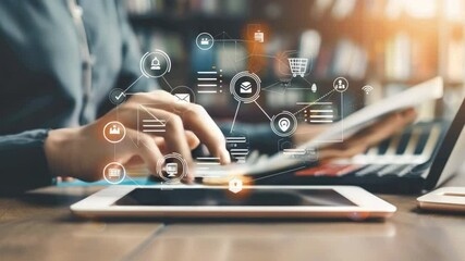 Modern Businessman Using Tablet for Digital Marketing and Online Shopping with Graphic Interface Elements in Office Space 4k video footage - Powered by Adobe