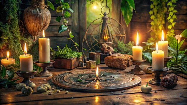 Mystical candlelit scene with crystal pendulum and zodiac chart for spiritual insights on a wooden altar, surrounded by mystical plants and ancient artifacts , earthy, candlelight