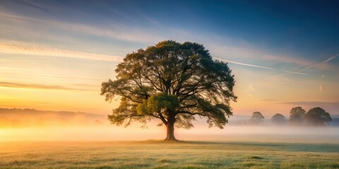 Fototapeta premium A stunning ash tree standing alone in a misty forest landscape at dawn, solo tree