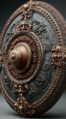 Elaborately designed shield featuring intricate patterns and metallic elements on a dark background