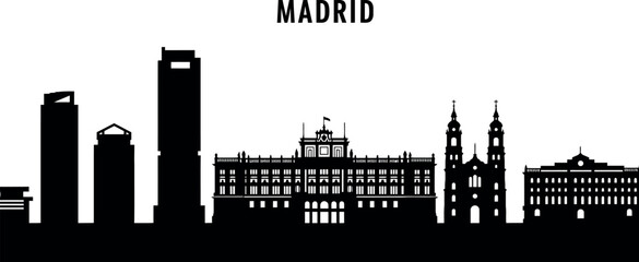 Madrid skyline silhouette featuring historic and modern landmarks for urban design. Vector illustration