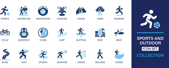 Fototapeta premium Sports and Outdoor icon set collection. Adventure, orientation, exercise, hiking, camp, running, cycle, backpack, climb, surf, boat, gym . And solid icon set collection.
