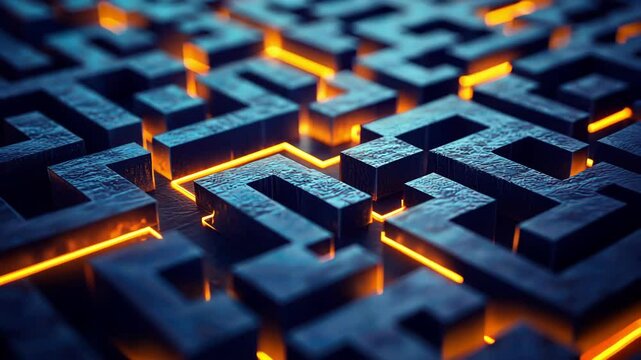 Abstract technology concept with glowing orange lines and dark geometric shapes.