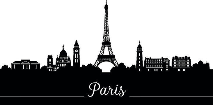 Elegant paris city skyline silhouette with iconic landmarks in black and white design. Vector illustration
