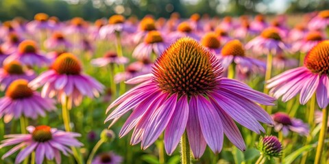 A close-up shot of large showy purple coneflower blooms in a sunny meadow, flower fields