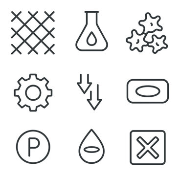 Blood Clotting Icons. Outline icon set of blood coagulation cascade: fibrin mesh, thrombin icon, platelet plug, clotting factor