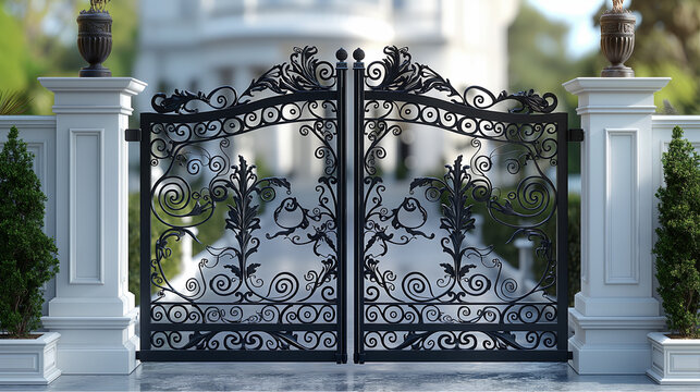 Real ornate iron gate entrance. Luxurious black wrought iron gate with white pillars in front of elegant mansion. Perfect for luxury real estate or architectural themes.