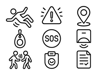 Emergency symbols and safety icons set for alerts and communication design