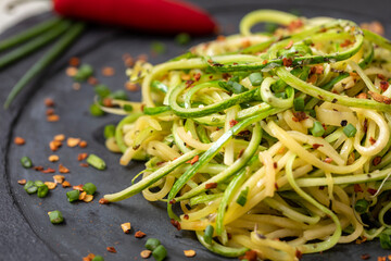 Zucchini spaghetti with dehydrated pepperoni pepper