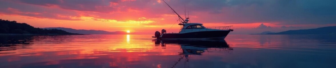 Sharp silhouette of a sport fishing boat reflected perfectly on glassy water at twilight , still water, glassy water, twilight