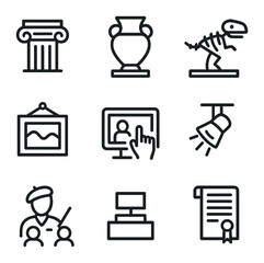 Art and History Icons. Outline icon set of art and history exhibitions: classical column, ancient