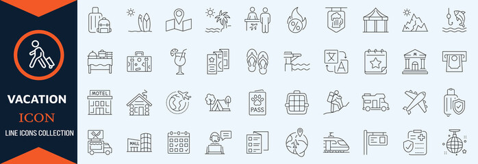 Summer Vacation Editable Icons set. Vector illustration in modern thin line style of travel related icons sea, surfing, beach, hotel, and more. Pictograms and infographics fo