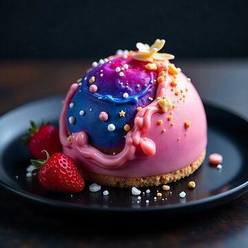 Sfera Alimentare Ispirata alla Nebulosa con Rivestimento Iridescente e Cristalli di Zucchero &ndash; Dessert Fotografico ad Alta Definizione