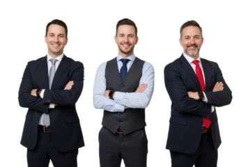 Three Confident Businessmen Standing Together – Professional Male Team Isolated on Transparent Background for Corporate Branding, Business Promotions, Marketing Materials, and Presentation Design