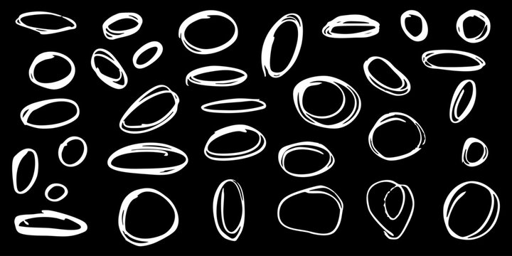 A set of oval shapes outlined in chalk or wax crayons. Roughly drawn elliptical circles in a grunge style with a pencil or marker to emphasize textual information and accents.