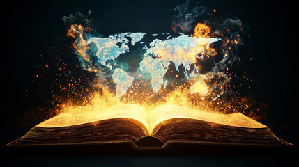 Obraz premium Open book with glowing pages, depicting fiery world map emerging from it, symbolizing knowledge and adventure