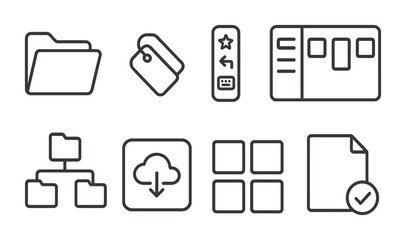 Minimal line icons of digital tools and file management for web and app design
