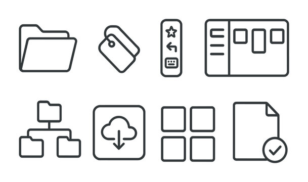 Minimal line icons of digital tools and file management for web and app design