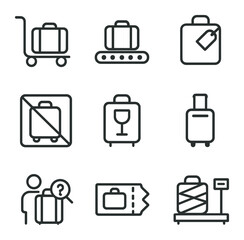 Baggage Handling Icons. Outline icon set of airline travel documents: passport, visa stamp, boarding
