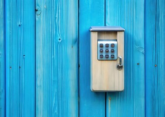 Combination lockbox mounted on a blue wooden wall for safe key storage at a property's entrance
