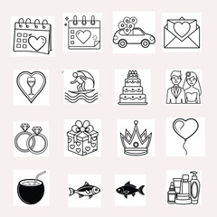 Elegant Wedding Icon Set for Invitations and Designs with Vector Graphics and a Variety of Wedding Related Symbols