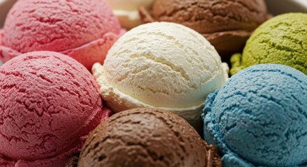 Fototapeta premium Creamy and colorful ice cream balls displayed in summer sunlight.