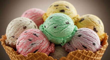 Fototapeta premium Close-up photo of multiple ice cream flavors scooped in a bowl.