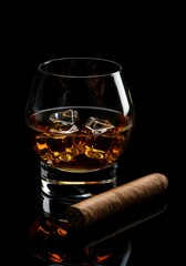 Close-up of premium rum or whiskey glass with melting ice and a lit cigar nearby.