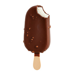 Classic Chocolate Nut Ice Cream Bar with Almonds, Bitten, Isolated on White Background
