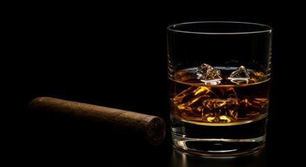 Elegant alcohol drink in glass with ice, paired with a cigar, emphasizing luxury lifestyle.