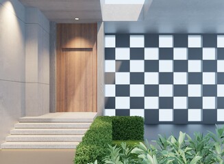 The entrance to the house has a sun-blocking wall with an empty parking space, decorated with shrubs and hidden lighting for the stairs.3d render