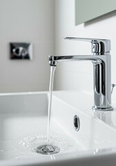 Modern bathroom faucet with water flowing smoothly, emphasizing cleanliness and freshness.