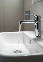 Minimalist WC interior with water flowing from a tap, focusing on hygiene and serene design.