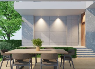 The back door entrance has a dining table for relaxing in the shady atmosphere and soft morning light.3d render