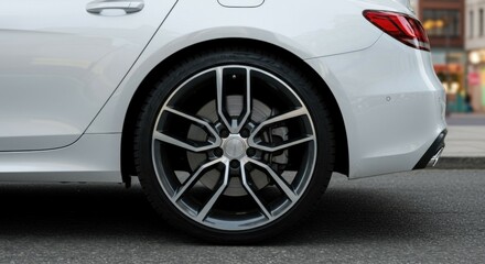 Close-up of a luxury car tire parked in an urban environment, highlighting detail and blurred city backdrop.