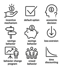 Fototapeta premium Behavioral Economics Icons. Outline icon set of applied behavioral economics: incentive mechanism,