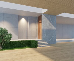 The entrance to the parking lot with the entrance to the house is an empty and simple area decorated with small bushes on the side of the house.3d render