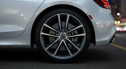 Detail shot of rear wheel and tire of luxury white car on urban street, cityscape lights softly blurred.