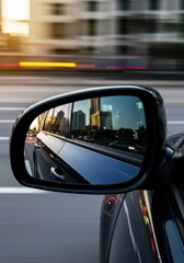 Blurred reflections of skyscrapers and traffic in a car's side mirror evoke a fast-paced city commute.