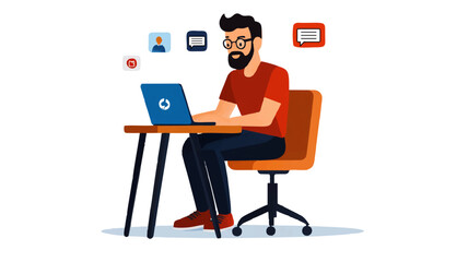 Cartoon man with glasses working on a laptop with chat icons