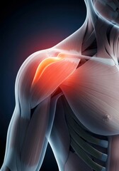 Fototapeta premium Shoulder joint showcasing red-highlighted inflammation zone for medical reference.