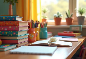 colorful stationery organized neatly school desk educational supplies vibrant pencil cases books notebooks art materials, paperwork, eraser, pens, markers