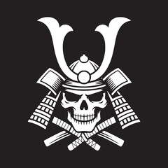 A white skull wearing a samurai helmet with crossed swords on a black background in a graphic design