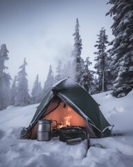 Winter camping scene with tent and snow