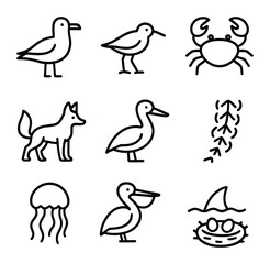 Coastal Wildlife Icons. Outline icon set of coastal wildlife sightings: seagull, sandpiper, crab, turtle track, dune fox,