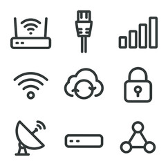 Internet Connectivity Icons. Outline icon set of internet connectivity symbols: Wi-Fi router, ethernet cable, signal bars, hotspot