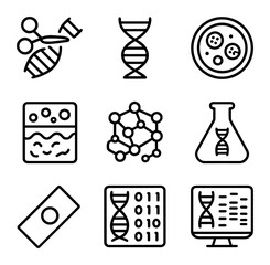 Biotechnology Icon Set. Outline icon set of biotechnology innovation: gene editing tool, CRISPR