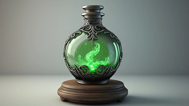 An ornate, bulbous glass potion bottle, encased in intricate silver or pewter filigree, containing a swirling, luminescent green liquid that emits a magical glow, resting on a rustic wooden base.
